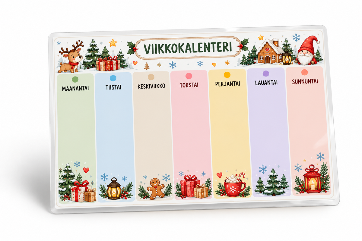 Jouluinen laminoitu A4-viikkokalenteri ja 48 kuvakorttia