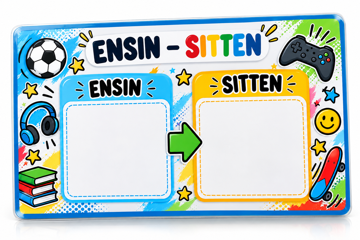 ENSIN–SITTEN-taulu: laminoitu A4-taulu ja 48 kuvakorttia
