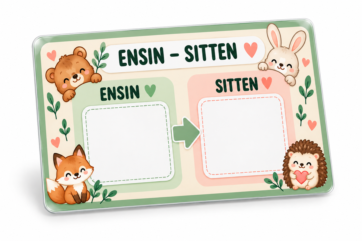 Ensin–Sitten-taulu lapsille: laminoitu A4-taulu ja 48 kuvakorttia